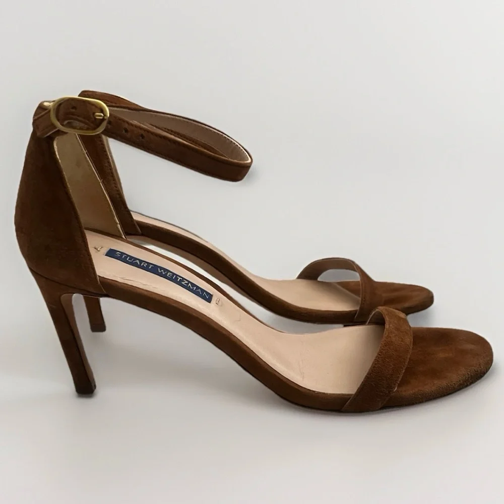 Stuart Weitzman Nudist II Designer Sandal Stiletto Heels Sz 7.5 Tan Suede Luxury